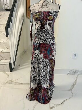 Strapless Paisley Print Maxi Dress - White with Multicolor Pattern Size S